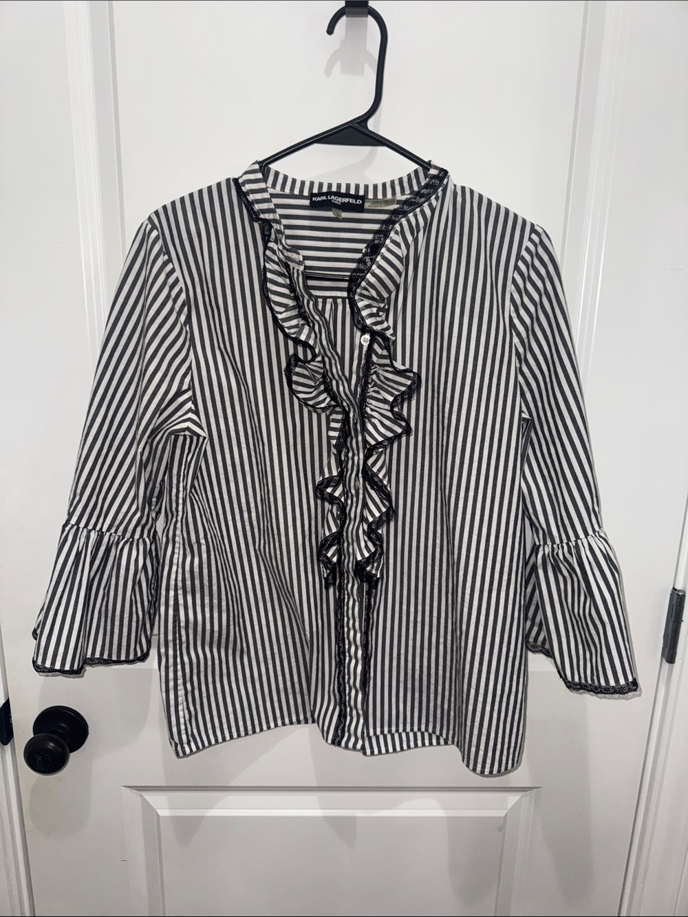 Karl Lagerfeld Black & White Vertical Stripe Ruffle Blouse